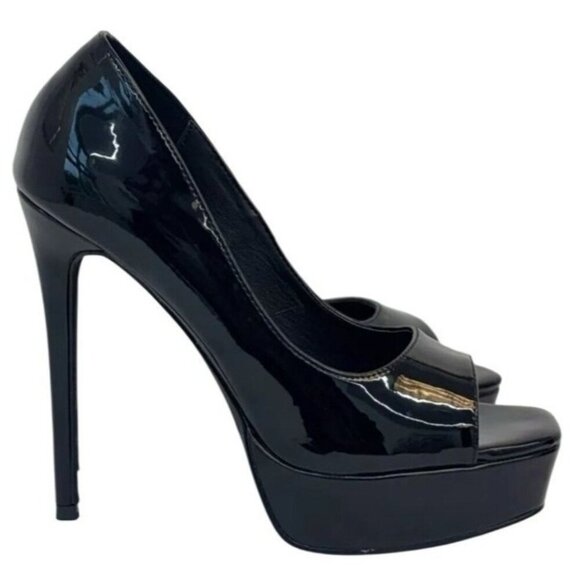 FERGUSON / Cassandra / Black Patent / Leather / Open-Toe Platform Stiletto - Picture 1 of 8
